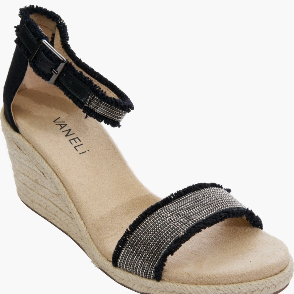 Vaneli Layry Black Canvas Tan Wedge Sandals Size 8.5 NIB - MSRP $175